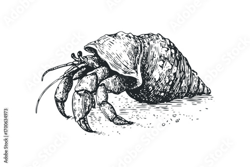 Hermit crab walking with its shell on transparent background. Vector hand drawn illustration