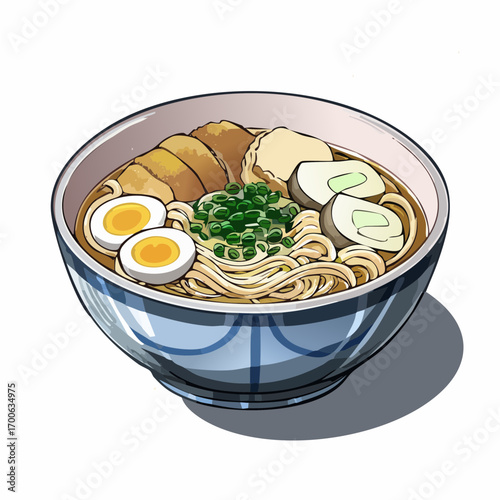 Japanese Ramen Bowl Vector Illustration with Noodles, Pork, Egg, and Vegetables