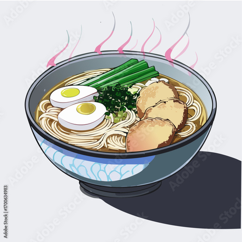 Steaming Ramen Bowl Vector Illustration with Egg, Noodles, Chicken, and Green Onions