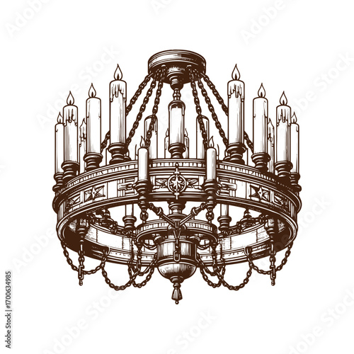 Rustic Western Saloon Chandelier with Candles – Black and White Vector Illustration
