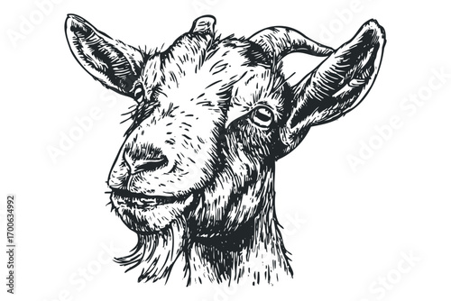 Detailed sketch of a goat's head with horns and beard on a transparent background. Vector hand drawn illustration