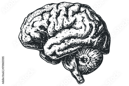 Pencil Sketch of Human Brain with Cerebellum and Cerebrum on White. Vector hand drawn illustration