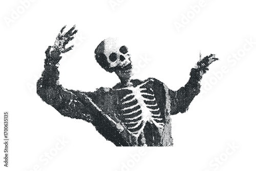 Skeleton with arms raised and head tilted, graphic halftone dot texture,. Vector hand drawn illustration