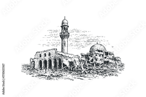 Hand Drawn Sketch of Ruined Mosque With Minaret and Dome on Transparent. Vector hand drawn illustration