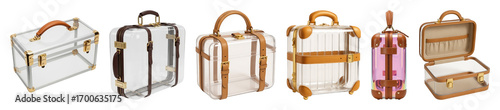 Clear acrylic vanity and travel case set including various sizes, styles, and an open view isolated. Luxury storage collection.