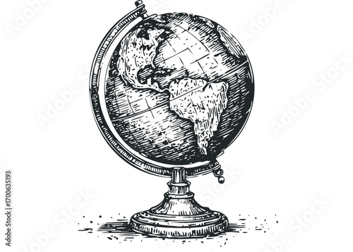 Ink sketch of a terrestrial globe with continents and oceans on a transparent background. Vector hand drawn illustration