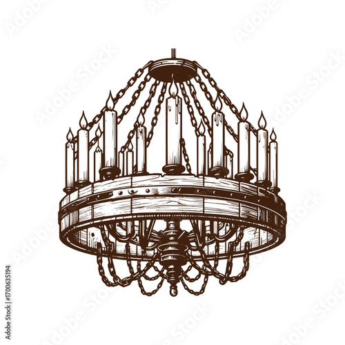 Rustic Western Saloon Chandelier with Candles – Black and White Vector Illustration