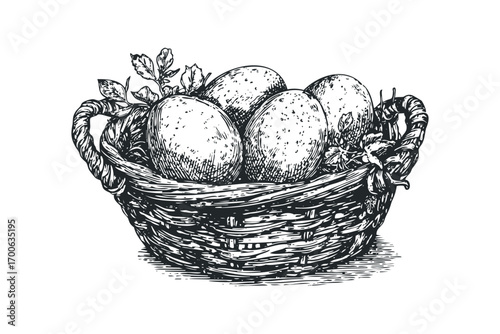 Woven Basket Filled With Fresh Eggs and Greenery. Vector hand drawn illustration