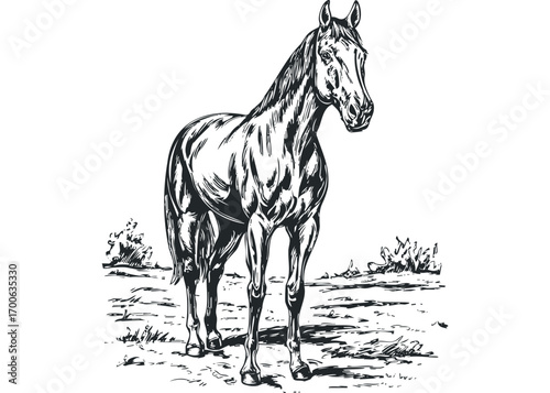 Hand drawn horse standing in a field isolated on white. Vector hand drawn illustration