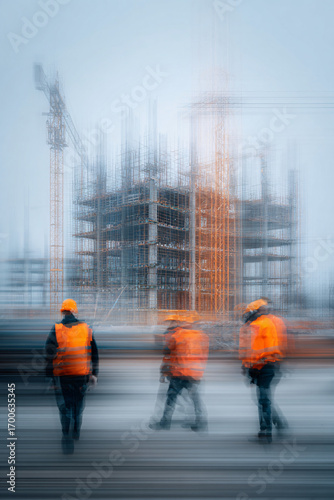 Motion blurred image of the movement of people who are engineers and construction workers in a construction area. AI generate.