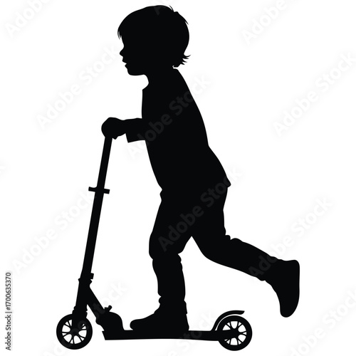 Vector art of silhouette of a young boy riding a scooter, with one leg pushing off the ground