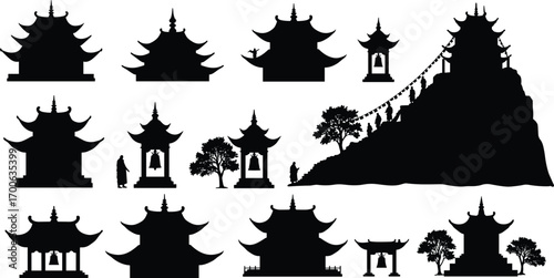 Silhouette traditional Asian temple architecture, Buddhist monks, mountain temple, prayer bells, pagoda structures, meditation, spiritual journey, religious site, ancient culture.