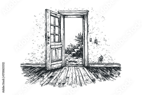 Open doorway revealing outdoor vegetation and steps. Vector hand drawn illustration