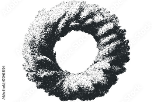 Textured circle formed by detailed stippled pine needles on transparent background. Vector hand drawn illustration