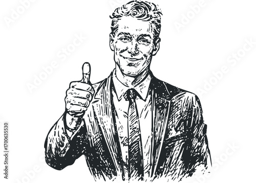 Man in suit giving thumbs up gesture. Vector hand drawn illustration
