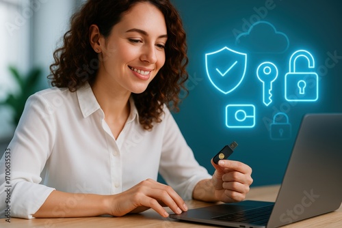 a woman holding a usb device in front of a laptop computer, the background showing protection and cloud security icon