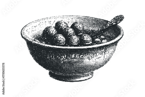 Food bowl with spoon on transparent background. Vector hand drawn illustration