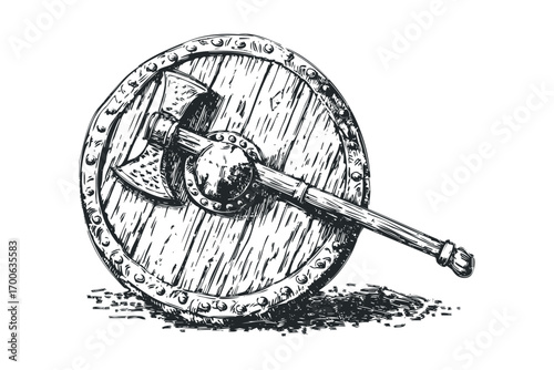 Viking axe resting on a round wooden shield with metal studs. Vector hand drawn illustration