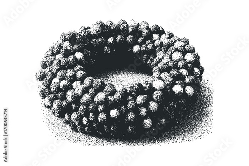 Ink style granulation dot pattern forming a circular object with a void in center. Vector hand drawn illustration