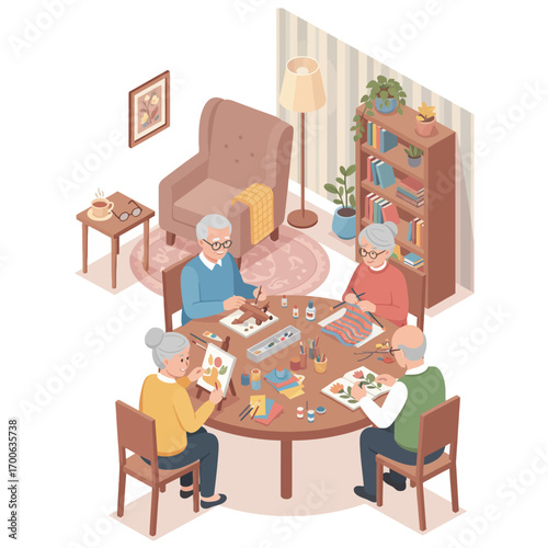 Isometric Illustration of home games for seniors, Elderly People Playing Crafts, Group Hobby, Retirement Community Activities, Socializing