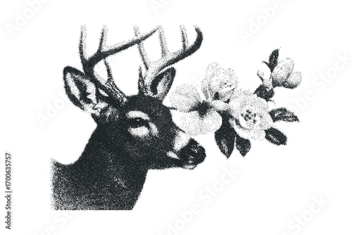 Stippled deer profile with blooming flowers image. Vector hand drawn illustration