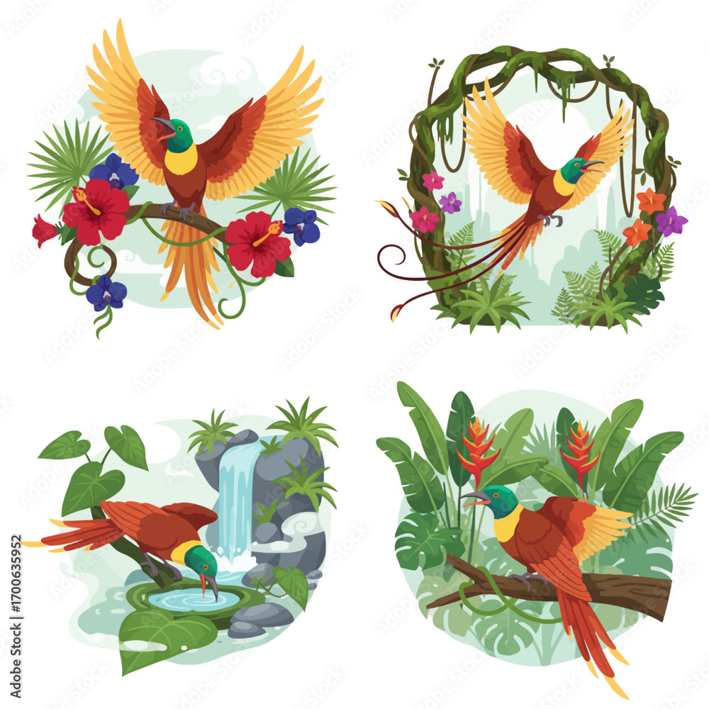 Obraz premium Collection of detailed vector illustrations of the Lesser Bird-of-Paradise in a tropical jungle setting