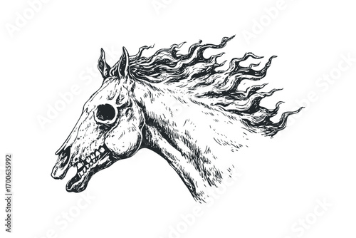 Black ink sketch of a horse skull with flowing mane on transparent background. Vector hand drawn illustration