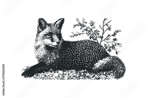 Fox lying down on ground with bush. Vector hand drawn illustration