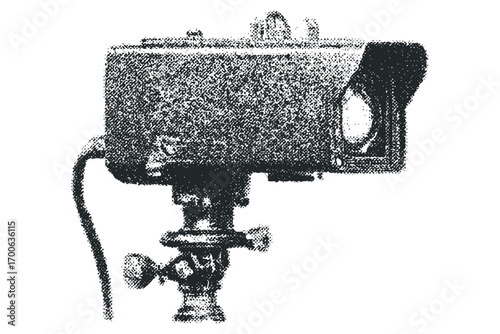 Vintage security camera on tripod monochrome halftone effect transparent background. Vector hand drawn illustration