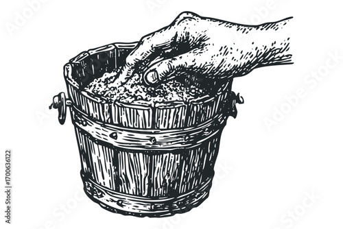 Hand Scooping Granular Material from Wooden Bucket. Vector hand drawn illustration