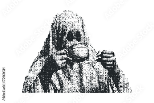 Figure in a hood holding a cup of coffee. Vector hand drawn illustration
