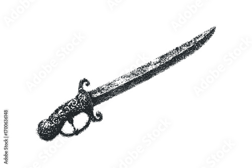 Ornate vintage sword with detailed handle on transparent background. Vector hand drawn illustration