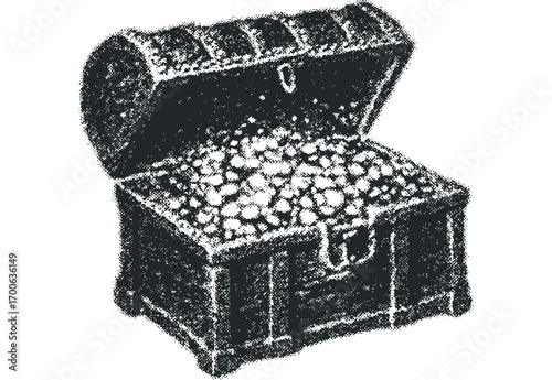 Open treasure chest overflowing with gold coins,. Vector hand drawn illustration