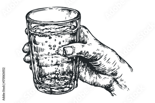 Hand holding a tall glass of sparkling water with bubbles. Vector hand drawn illustration