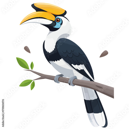 Detailed illustration of an Oriental Pied Hornbill perched on a branch, a colorful and tropical vector bird
