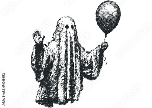Ghost holding a balloon with a pixelated texture on a transparent background. Vector hand drawn illustration