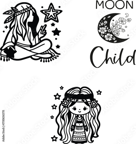 Dream Catcher Moon Child Vector Illustration – Boho Spiritual Design