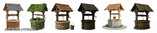 Wishing well set including wooden, stone, mossy, tiled, and rustic designs isolated. Garden and fantasy elements collection.