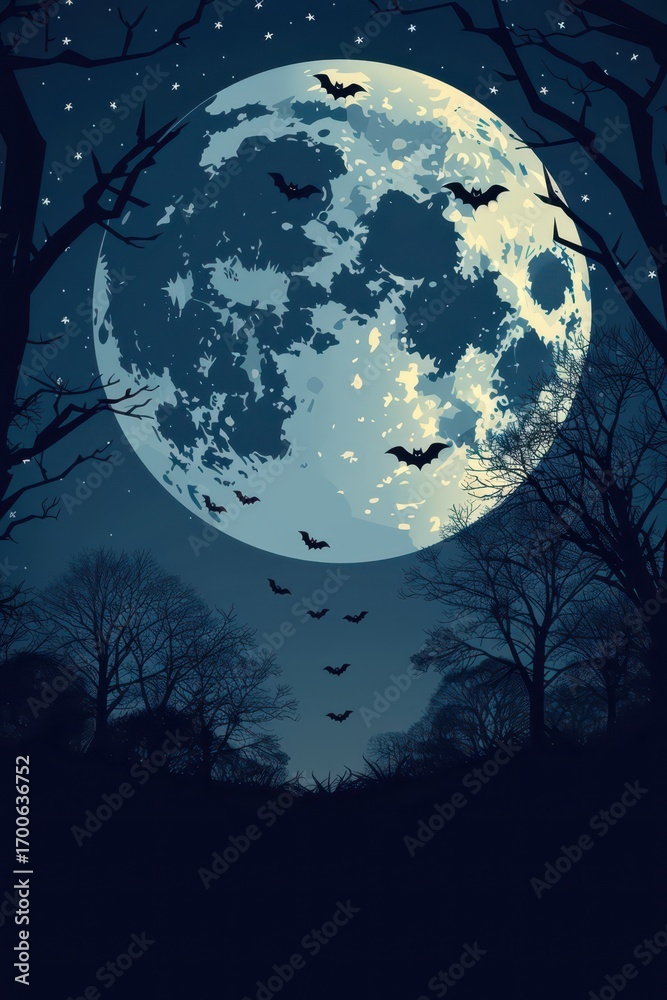 Naklejka premium Eerie Halloween night scene with full moon, bats, and silhouetted trees. Vertical banner. Copy space. Flat illustartion. Free space for text. World bat day