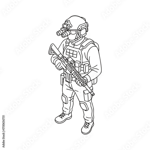vector sketch illustration of tactical soldier with armor and tactical helmet standing and ready and holding weapons
