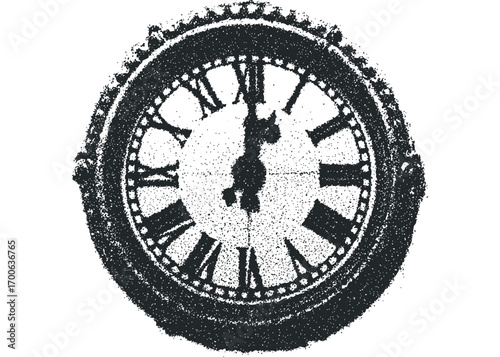 Vintage clock face with roman numerals in textured black and white. Vector hand drawn illustration
