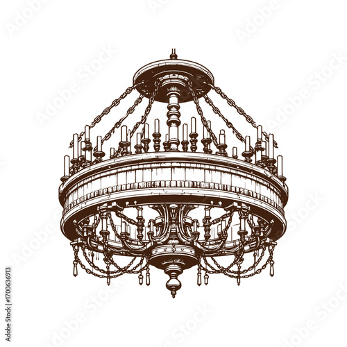 Rustic Western Saloon Chandelier with Candles – Black and White Vector Illustration