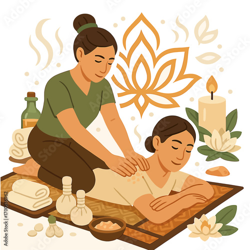 Thai Traditional Massage Vector Art: Relaxing Wellness and Spa Therapy Illustration