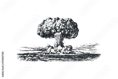 Sketch of a mushroom cloud explosion over a landscape on a transparent. Vector hand drawn illustration