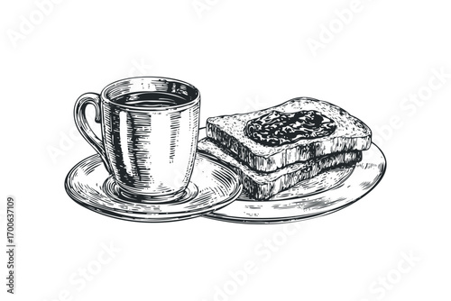 Ink sketch of hot coffee cup and jam sandwiches on plate. Vector hand drawn illustration