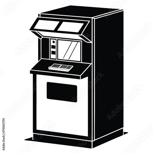 Black and White Graphic Depicting Freestanding Automated Teller Machine with Monitor and Keyboard
