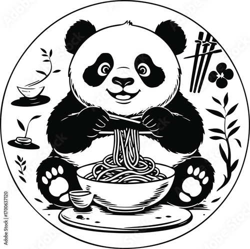 Chubby panda sitting cross-legged eating noodles with chopsticks, arranged in circular composition, bold black outline