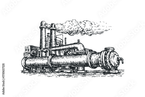 Industrial steam engine complex with pipes and smoke on transparent. Vector hand drawn illustration