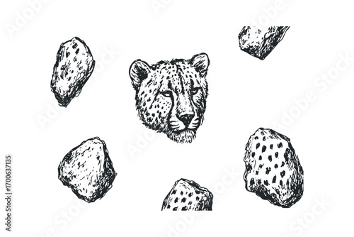 Cheetah head sketch surrounded by rough stones. Vector hand drawn illustration