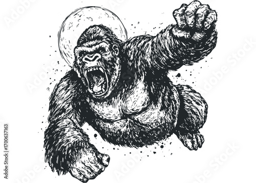 Furious roaring gorilla mid-leap against a textured moon. Vector hand drawn illustration